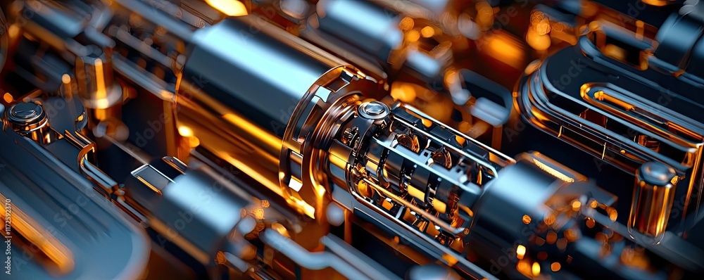Poster metallic abstract background concept. close-up of metallic pipes and components with glowing accents