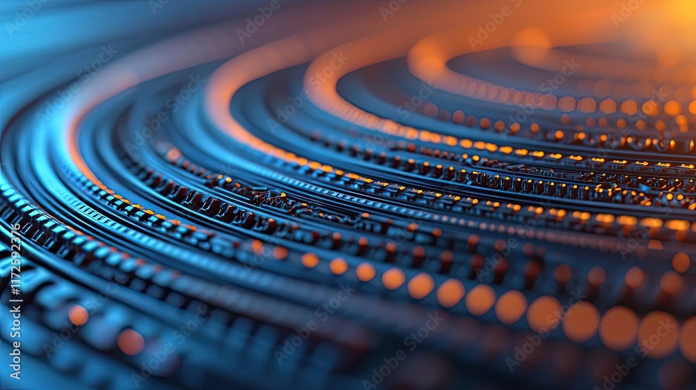 Poster Metallic abstract background concept. Abstract circuitry design with glowing lights and colorful patterns in a digital format.