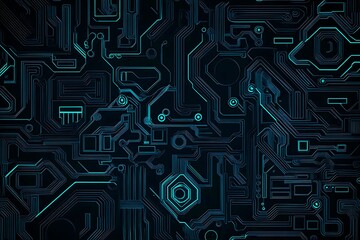 Abstract close-up of a glowing blue digital circuit board, showcasing intricate connections and technological design on a black background.
