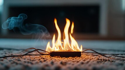 Fire ignites from electrical wires in a cozy living room setting during a quiet afternoon