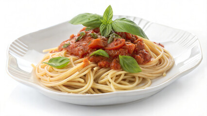 Spaghetti with Tomato Sauce and Fresh Basil - Tasty spaghetti topped with rich tomato sauce, garnished with vibrant fresh basil leaves, served on a white, elegant plate.