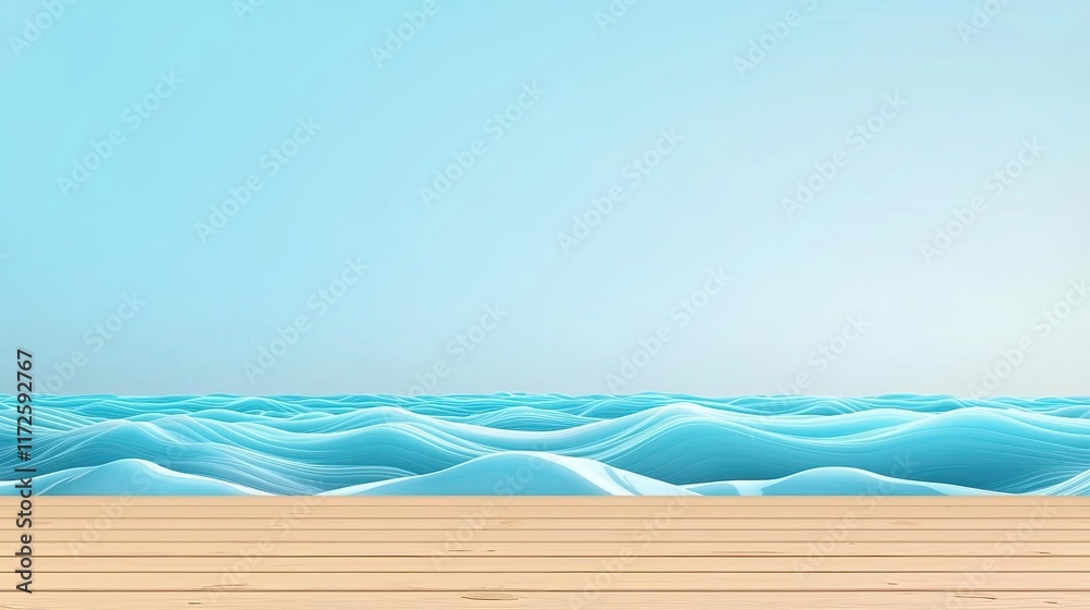 Poster waves abstract background idea. tranquil ocean waves gently lapping against a wooden deck under a cl