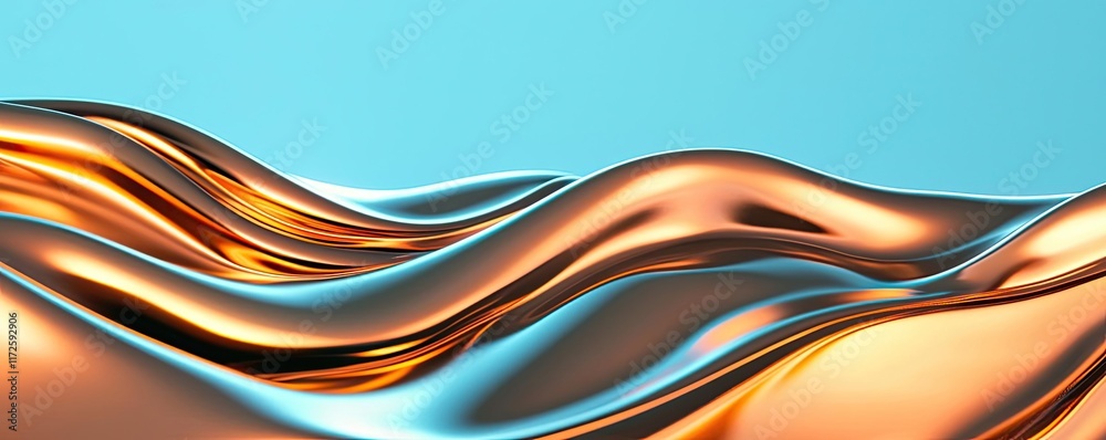 Poster Waves abstract background idea. Abstract metallic waves blend seamlessly in soothing colors, creating a fluid artistic design.