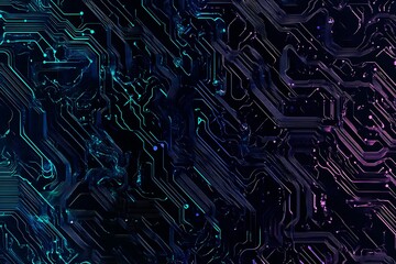 Abstract close-up of a glowing blue digital circuit board, showcasing intricate connections and technological design on a black background.
