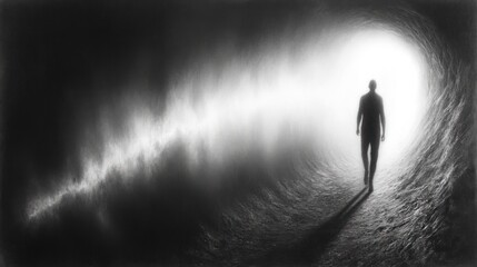Man walks towards light in dark tunnel. Hope, journey, future, path, abstract concept.