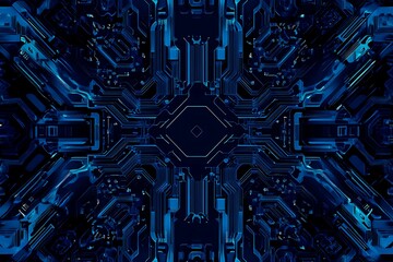 Abstract close-up of a glowing blue digital circuit board, showcasing intricate connections and technological design on a black background.
