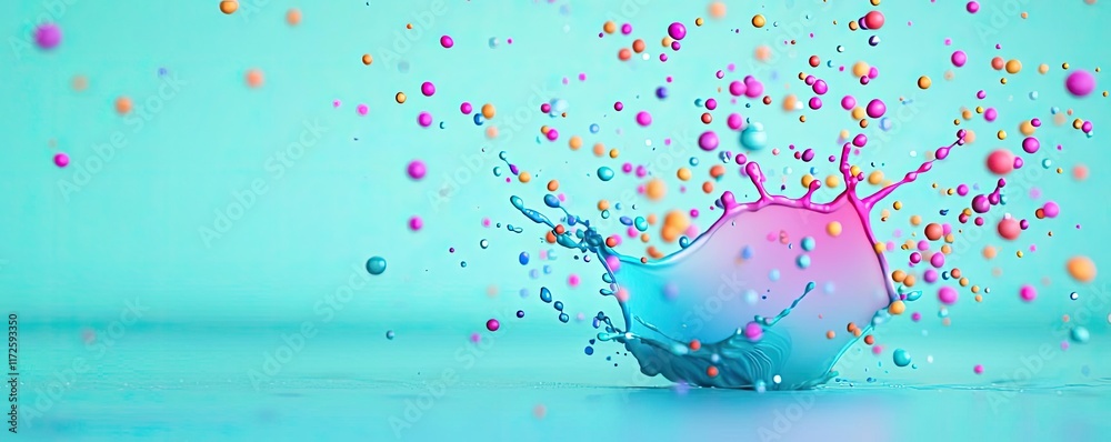 Poster Splash abstract background concept. Colorful paint splash creating an artistic and vibrant visual on a blue background.