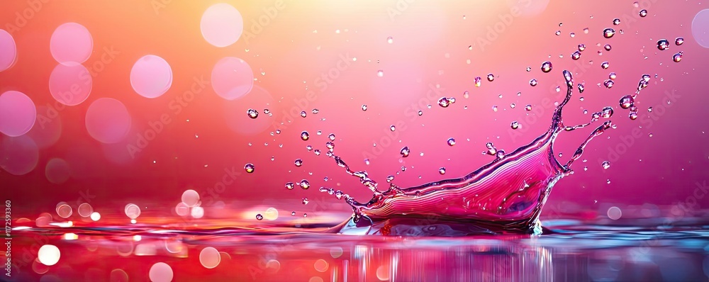 Poster Splash abstract background concept. Vibrant liquid splash with colorful background and shimmering bokeh effect.