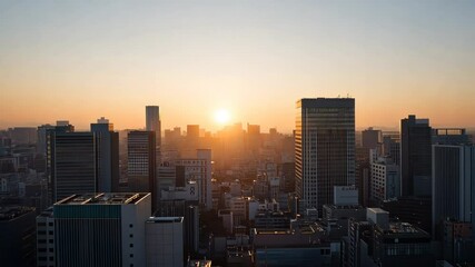 Breathtaking sunrise over a bustling city skyline captured during early morning hours
