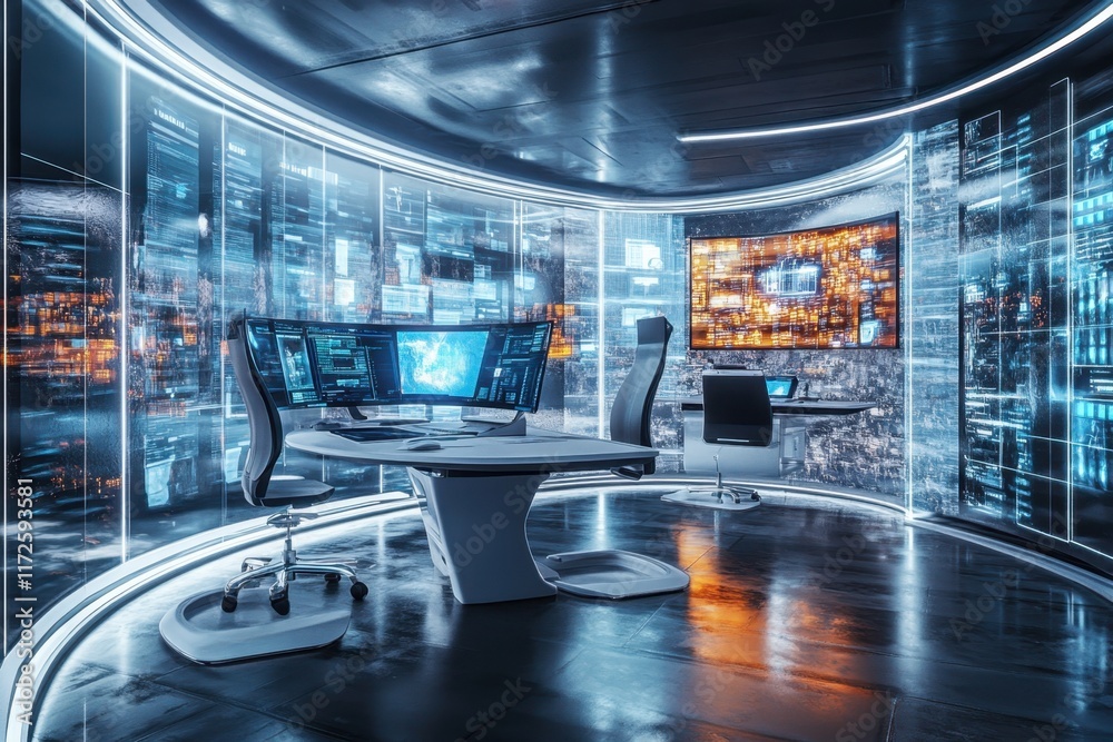 Poster modern high-tech workspace with multiple screens and digital displays in a futuristic setting