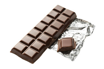 A rich chocolate bar with a single piece removed, resting on shiny foil.