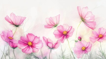Watercolor Illustration set of Pink cosmos flowers on a white background,spring summer nature,Vibrant pink cosmos blooming,Children's card,banner,raindrops drawn by hand.