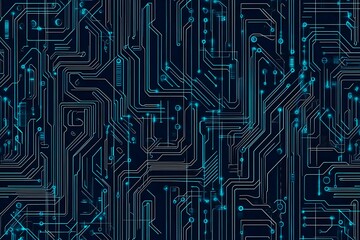 Abstract close-up of a glowing blue digital circuit board, showcasing intricate connections and technological design on a black background.
