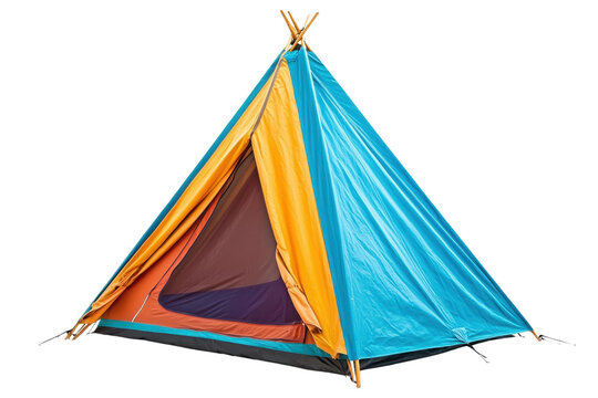 A colorful camping tent featuring a triangular design with a vibrant blue and orange exterior.