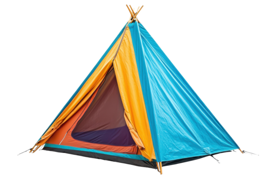 A colorful camping tent featuring a triangular design with a vibrant blue and orange exterior.