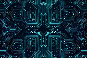 Abstract close-up of a glowing blue digital circuit board, showcasing intricate connections and technological design on a black background.
