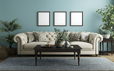 Elegant living room, beige sofa, teal wall, plants, coffee table. Home decor inspiration.