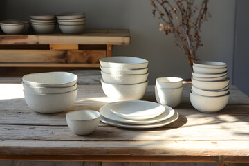 Elegant display of white ceramic tableware with simple and timeless plates, cups, and bowls