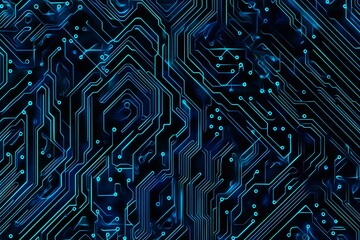 Abstract close-up of a glowing blue digital circuit board, showcasing intricate connections and technological design on a black background.
