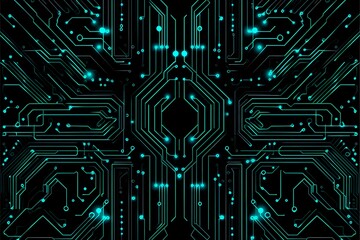 Abstract close-up of a glowing blue digital circuit board, showcasing intricate connections and technological design on a black background.
