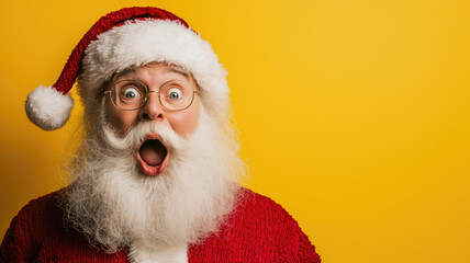 Close-up of a surprised Santa Claus against a vintage yellow background, highlighting a whimsical and festive holiday expression.