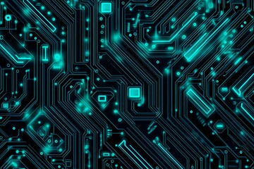 Abstract close-up of a glowing blue digital circuit board, showcasing intricate connections and technological design on a black background.
