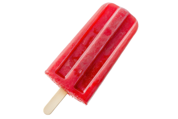 A vibrant red popsicle on a wooden stick, showcasing a textured surface and a classic rectangular shape.