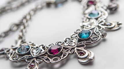 silver necklace on white