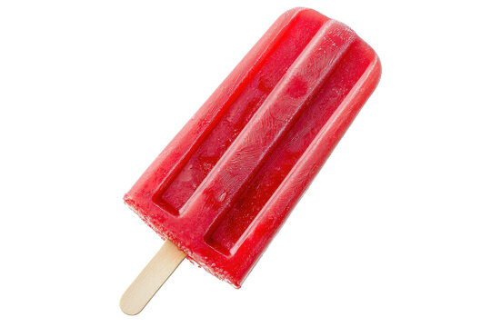 A vibrant red popsicle on a wooden stick, showcasing a textured surface and a classic rectangular shape.