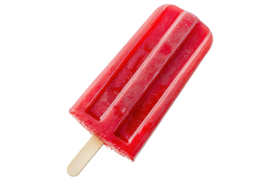 A vibrant red popsicle on a wooden stick, showcasing a textured surface and a classic rectangular shape.