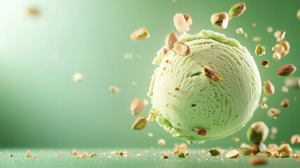 Close up view showcasing a scoop of green pistachio ice cream,Pistachio green ice cream with nuts,Top view of ice cream isolated for package design of pistachio ice cream,banner menu concept.