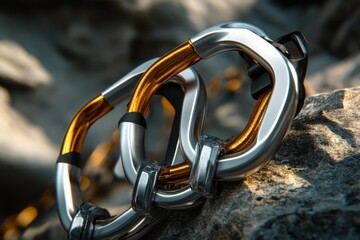 Three climbing carabiners resting on a rocky surface in natural light