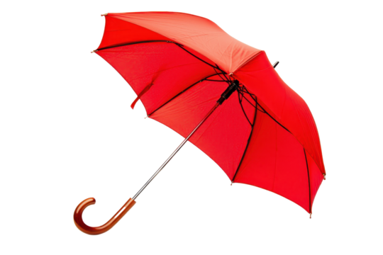 A vibrant red umbrella with a curved handle, showcasing its sturdy structure and intricate design.