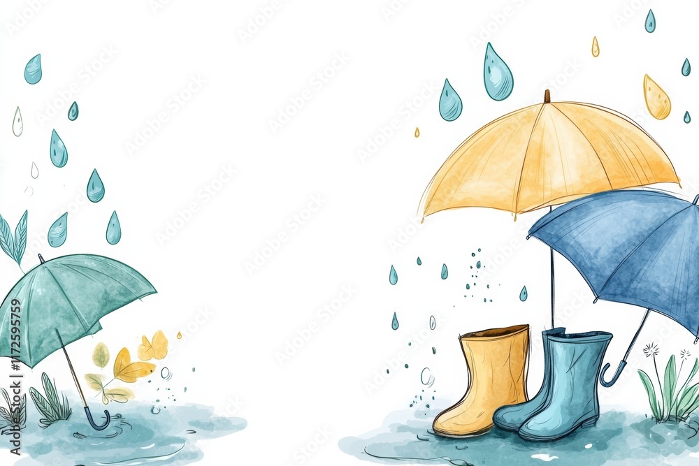 Poster colorful umbrellas and rainy boots create a playful doodle in a whimsical landscape of drops and pud