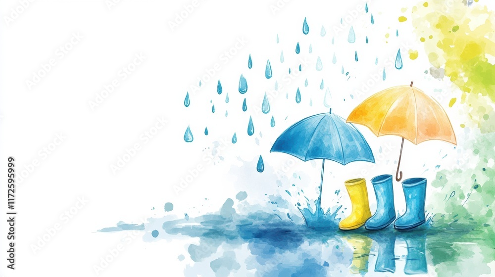 Aufkleber cheerful doodle of colorful umbrellas and boots surrounded by raindrops in a playful setting reflect