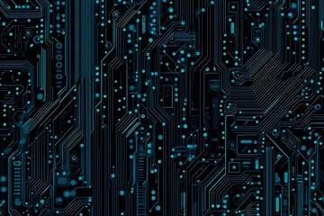 Abstract close-up of a glowing blue digital circuit board, showcasing intricate connections and technological design on a black background.
