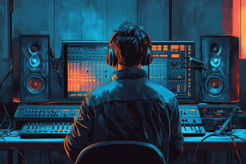 A radio host with headphones speaks into a microphone, surrounded by vibrant audio equipment. It's World Radio Day, and the energy is infectious as he connects with listeners