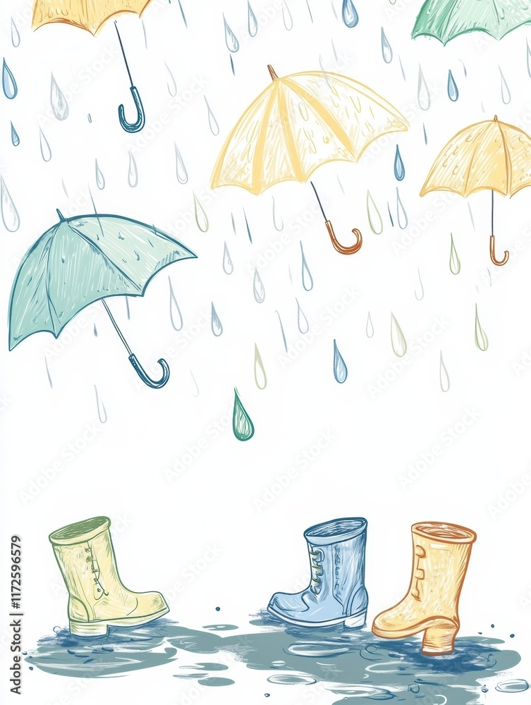 Poster colorful doodle of umbrellas and rain boots in a cheerful rainstorm setting that captures playful mo