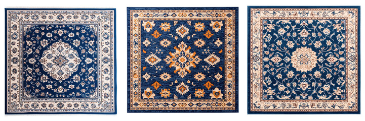 Exquisite Persian style area rugs with intricately designed floral patterns in shades of blue orange and beige adorning various interior settings such as living rooms bedrooms and entryways