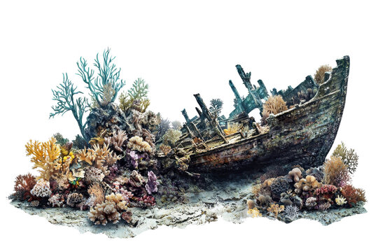 An intricately detailed shipwreck adorned with vibrant coral and marine life, showcasing the beauty of underwater ecosystems.