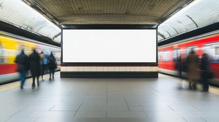 A blank white poster in the center of a London tube station, people passing by moving quickly, a subway train passing behind. --ar 16:9 --style raw --v 6.1 Job ID: 2e6abbf2-5675-426f-b168-bf5b2adc64cd