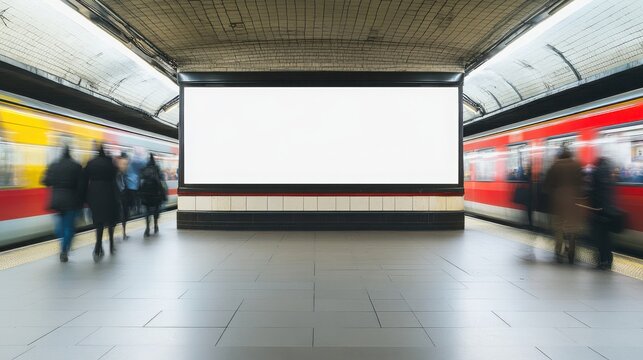 A blank white poster in the center of a London tube station, people passing by moving quickly, a subway train passing behind. --ar 16:9 --style raw --v 6.1 Job ID: 2e6abbf2-5675-426f-b168-bf5b2adc64cd