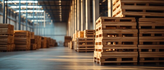 Wooden pallets stacked in an industrial setting.