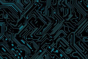 Abstract close-up of a glowing blue digital circuit board, showcasing intricate connections and technological design on a black background.
