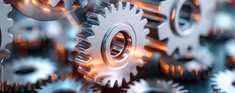 Poster Metallic abstract background concept. Close-up view of metallic gears showcasing intricate engineering and mechanical design.