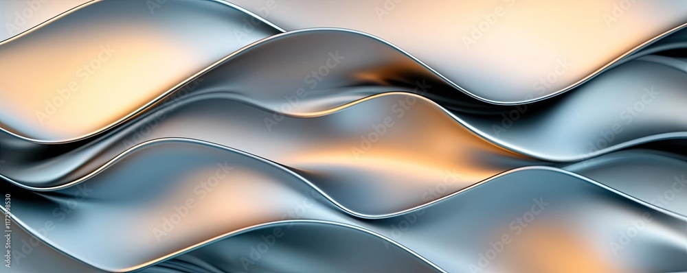 Poster Metallic abstract background concept. Abstract wave pattern in silver tones with soft light reflections creating depth.