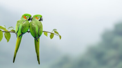 Pair of vibrant green parrots perched on a branch in a misty environment.