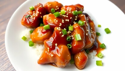 Close-up of plate with teriyaki chicken, sesame seeds, and green onions