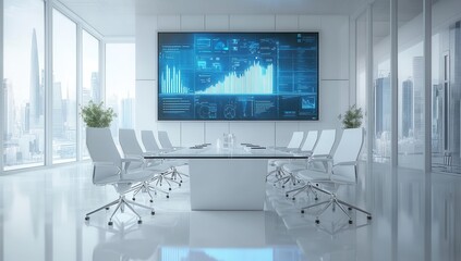 A large screen with a blue background and a lot of numbers and graphs. The room is filled with white chairs and a table. Business background