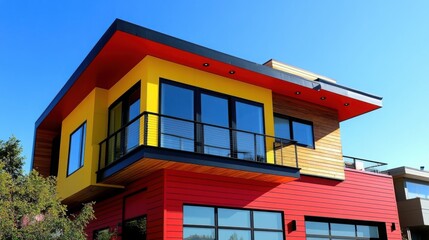 A yellow and red house with a balcony. The house is tall and has a lot of windows